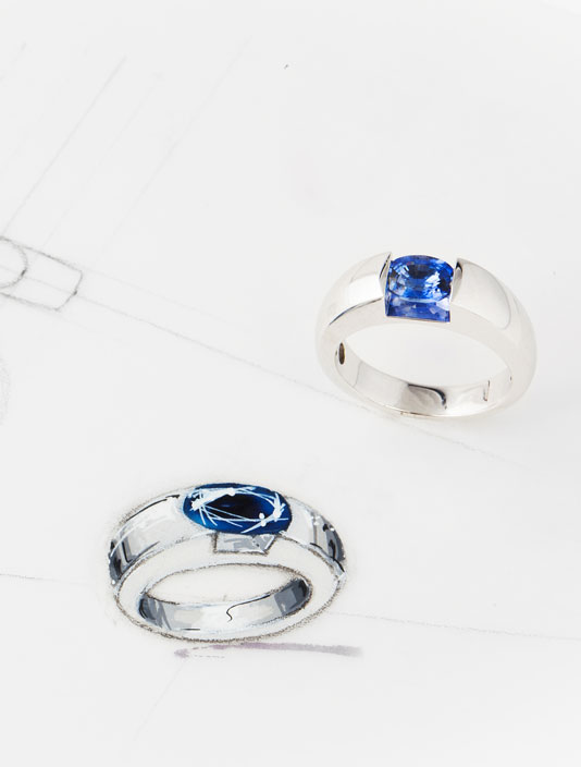 Dessin bague saphir bleu